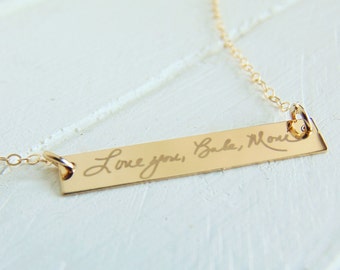 Handwritten Horizontal Bar Necklace - YOUR HANDWRITING, or Custom Text Options- White Engraving Option - Sterling Silver, Gold or Rose Gold