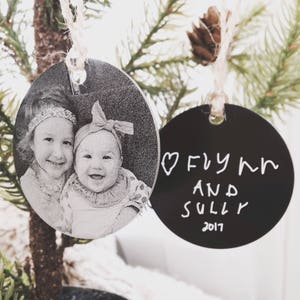 Personalized Photo Ornament -Two Inch Circle, Engraved Metal Christmas Ornaments - Use Your Photo, Handwriting, or Custom Text - 2022 Gifts