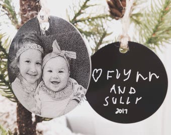 Personalized Photo Ornament -Two Inch Circle, Engraved Metal Christmas Ornaments - Use Your Photo, Handwriting, or Custom Text - 2020 Gifts