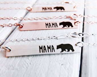 Mama Bear Bar Necklace - Handmade Custom Necklace - Personalize back engraving - Gift For Mom - Stainless Steel + 18" chain w/Lobster Clasp