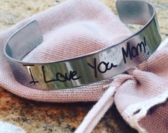 Stackable Stainless Cuff Bracelet- YOUR HANDWRITING - your text, your design,  - Perfect For Layering -Jewelry For Her