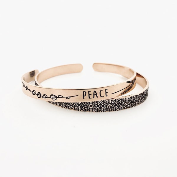 PEACE & Lavender ~ Rose Gold Steel Cuff Bracelet ~ .25" x 6" - Optional Inside and/or Outside Custom Engraving Options For Her- Mom Gifts