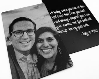 Metal Wallet Card - Add Back Note Too - Handwriting Option, Gifts for Him or Her - Laser Etched Photo Love Note Card