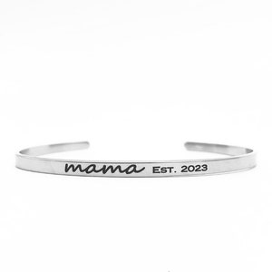 Mama Established Thin Cuff Bracelet - .125” x 6&quot; Adjustable Cuff - Optional Inside and/or Outside Custom Engraving Options - Personalized