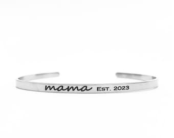 Mama Established Thin Cuff Bracelet - .125” x 6" Adjustable Cuff - Optional Inside and/or Outside Custom Engraving Options - Personalized