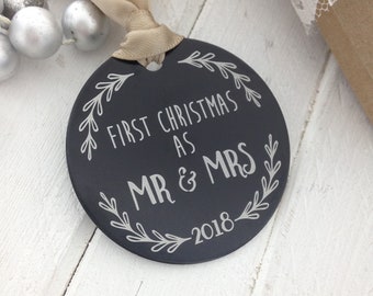 Mr. & Mrs. First Christmas Ornament - 2 Inch Circle, Engraved Metal Ornament - Use Your OWN_Photo, Handwriting, or Font_  Wedding Gift Ideas