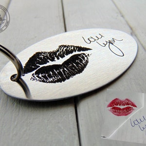 Your Actual Lips Imprint, Handwritten Steel Key Chain- or font, personalized key chain for him, Romantic Valentine's Day Gift, custom gifts