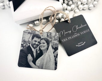 Personalized Photo Ornament -2.5” Square, Engraved Metal Christmas Ornaments - Use Your Photo, Handwriting, or Custom Text - 2022 Gifts