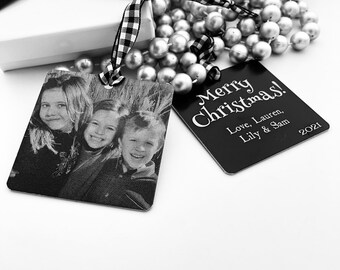 Custom Christmas Ornament -2.5” Square Engraved Metal Ornaments- Use Your Own Photo, Your Handwriting, or Custom Text- 2022 Family Gifts