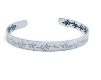 Ivy Hand drawn Pattern Cuff Bracelet - .25" x 6" Adjustable Cuff - Optional Inside and/or Outside Custom Engraving Options