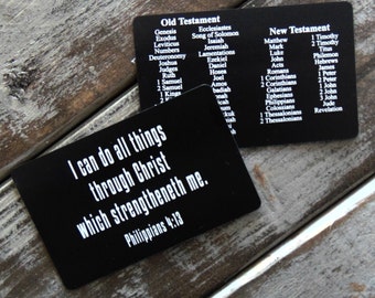 Favorite Bible Verse - Books on Back Wallet Card - Him or Her - Laser Engraved - Handwritten Wallet Insert GIFT - Anodized Aluminum - Church