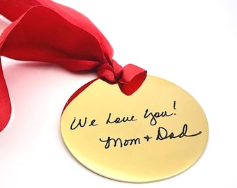 HANDWRITTEN CHRISTMAS ORNAMENT w/Organic Plant Dyed Ribbon in Holiday Red- Personalized w/your handwriting or font option- 2" Gold Circle