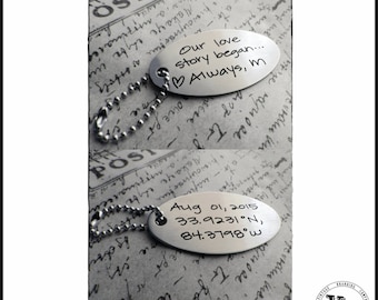 Handwritten GPS Coordinates Steel Key Chain -Your Handwriting - or font engraved, personalized key chain for him or her, Anniversary Gifts