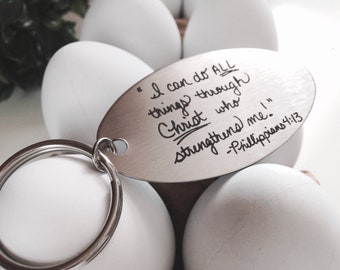 Handwritten Key Chain, Your Handwriting keychain - or font, Oval steel engraved personalized key chain, Easter Basket Gifts for all 2024