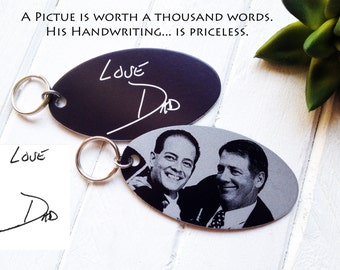 Personalized Keychain -with Your Photo - Add Your Handwritten Note or Custom Text Option - Engraved Metal Key Chain- Unique Christmas Gifts