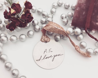 Handwriting Ornament -Rose Gold Ribbon- Personalized Christmas Ornaments- Your Handwritten Imagr and/or font- 2" Steel Circle, 2024 Home