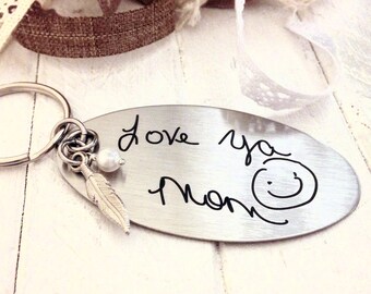 Handwritten Key Chain- with Pearl and Feather Charm -Your Handwriting  - or FONT - Engraved, Personalized Key Chain for Mom, Stainless Steel