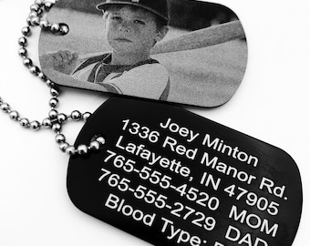 ID Tag - Vital Contact and Health Information - Black Aluminum Dog Tag Necklace - Unique Gifts for Everyone - 100% Personalized