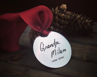 HANDWRITTEN CHRISTMAS ORNAMENT w/Organic Plant Dyed Ribbon in Holiday Red- Personalized w/your handwriting or font option- 2" Chrome Circle