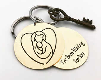 Mother Child Silhouette Key Chain - Gold Plated Stainless Steel, Custom Back Engraving Options _Your Handwriting or text_ 1.5" Circle - Mom