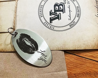 Your Actual Lips Imprint, Handwritten Steel Key Chain- or font, personalized key chain for him, Romantic Valentine's Day Gift, custom gifts