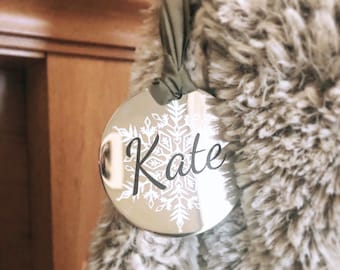 Personalize Snowflake Stocking Tag  Ornament with Organic Natural Dyed Hanging Ribbon  2.5” polished Chrome Circle- Black & White Engraving