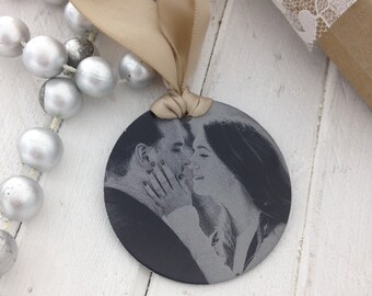 Custom Photo Ornament -Two Inch Circle , Engraved Metal Christmas Ornament - Use Your OWN_ Photo, Handwriting, or Font_  Unique Gift Ideas