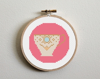 Pink Teacup Cross Stitch Pattern