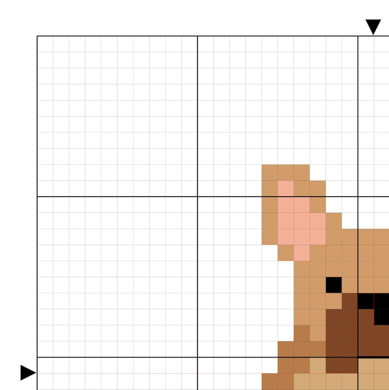 May include: A pixel art pattern of a brown bear with black eyes and a pink nose. The bear is facing the right side of the image.