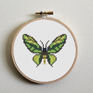 Puede incluir: Bordado de punto de cruz de una mariposa en un bastidor de madera. La mariposa tiene alas verdes y amarillas con detalles negros. El fondo es blanco y el bastidor se asegura con un tornillo de latón.