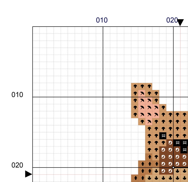 May include: A cross-stitch pattern featuring a brown bear with a pink nose and black eyes. The bear is sitting on a brown background with a white outline.