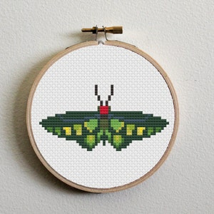 Puede incluir: Un patrón de punto de cruz de mariposa verde y amarilla con un centro rojo, enmarcado en un aro de madera.