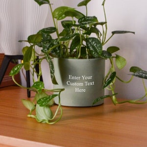 Könnte beinhalten: Ein grüner Keramiktopf mit dem Text "Enter Your Custom Text Here" an der Seite, in dem eine grüne, blättrige Pflanze mit einer weißen Lampe im Hintergrund steht.