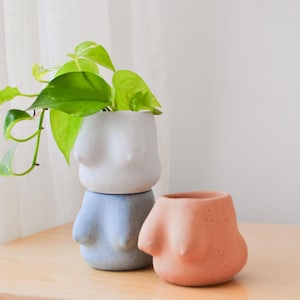 May include: Three small, matte-finish planters shaped like human torsos. One light gray planter is stacked on top of a light blue planter, which contains a green pothos plant. A third terracotta-colored planter sits separately to the right.