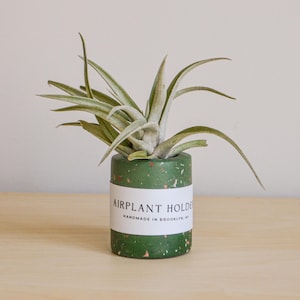 Könnte beinhalten: Ein grüner, gesprenkelter Keramik-Luftpflanzenhalter mit einem weißen Etikett, auf dem "AIRPLANT HOLDER HANDMADE IN BROOKLYN, NY" steht.