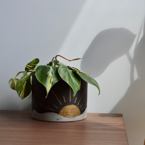 Minimal Charcoal Gold Painted Sun Planter | Multiple Sizes | With or Without drainage Holes | Concrete Home Decor | Sunrise handpaint