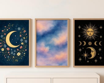 Celestial Moon Phase Print Set | Boho Mystical Night Sky Wall Art (Digital Download)