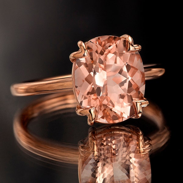 Peachy Pink Morganite Rose Gold Ring, Oval Cut Tulip Solitaire Engagement Ring in 14k Rose Gold