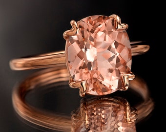 Peachy Pink Morganite Rose Gold Ring, Oval Cut Tulip Solitaire Engagement Ring in 14k Rose Gold