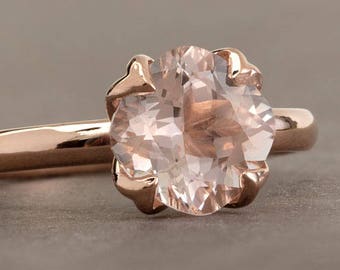 Light Pink Morganite Rose Gold Ring, 2 carat Cushion Cut Morganite Tulip Solitaire Ring