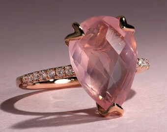 Pink Rose Quartz Ring, Pear Cut Engagement Ring, Rose Quartz Diamond Tulip Engagement Ring