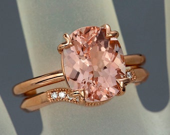 Morganite Engagement Ring, Peach Pink Oval Cut Morganite Tulip Solitaire and Diamond Rose Gold Band