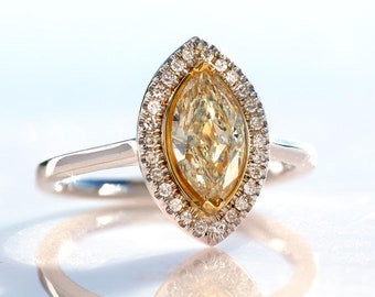 Marquise Diamond Engagement Ring, Fancy Yellow Diamond Ring in Solid 14k White and Yellow Gold