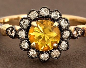 Yellow Aquamarine Daisy Ring, Yellow Flower Engagement Ring in Solid Yellow Gold