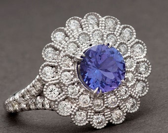 Blue Tanzanite Double Halo Flower Ring in Solid 14k white gold