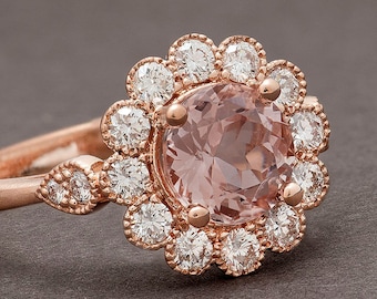 Morganite Engagement Ring in Rose Gold, Daisy Flower Ring