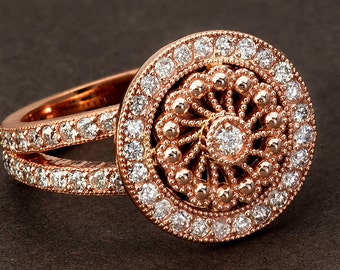 Double Diamond Halo Rose Gold Ring in Solid 14k Rose Gold