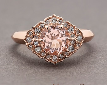 Light Pink Morganite Engagement Ring, Rose Gold Flower Ring