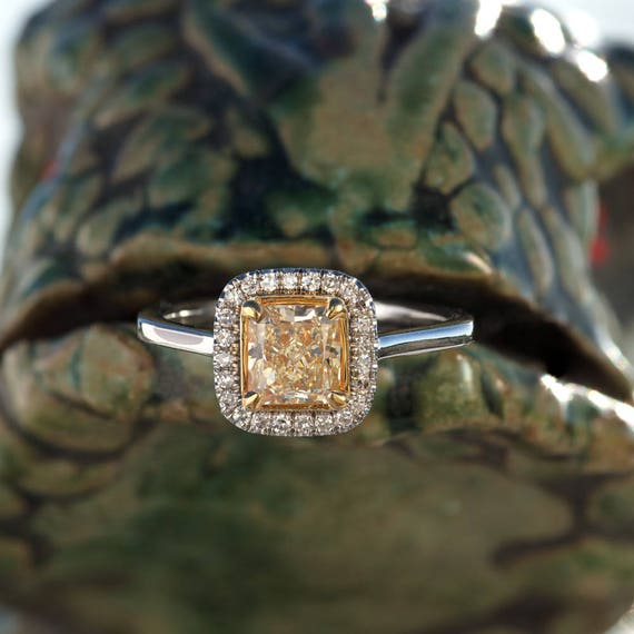 Cushion Cut Diamond Engagement Ring Fancy Yellow Diamond Ring Etsy