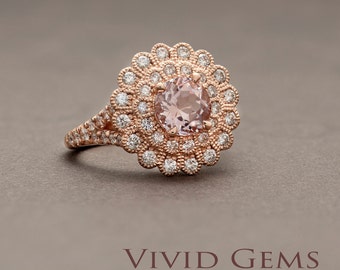 Double Halo Morganite Ring in 14 karat Rose Gold